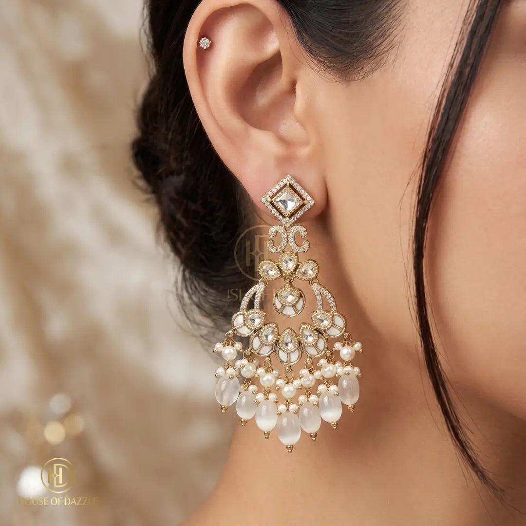 Ivory Pearl Kundan Chandbali Earrings