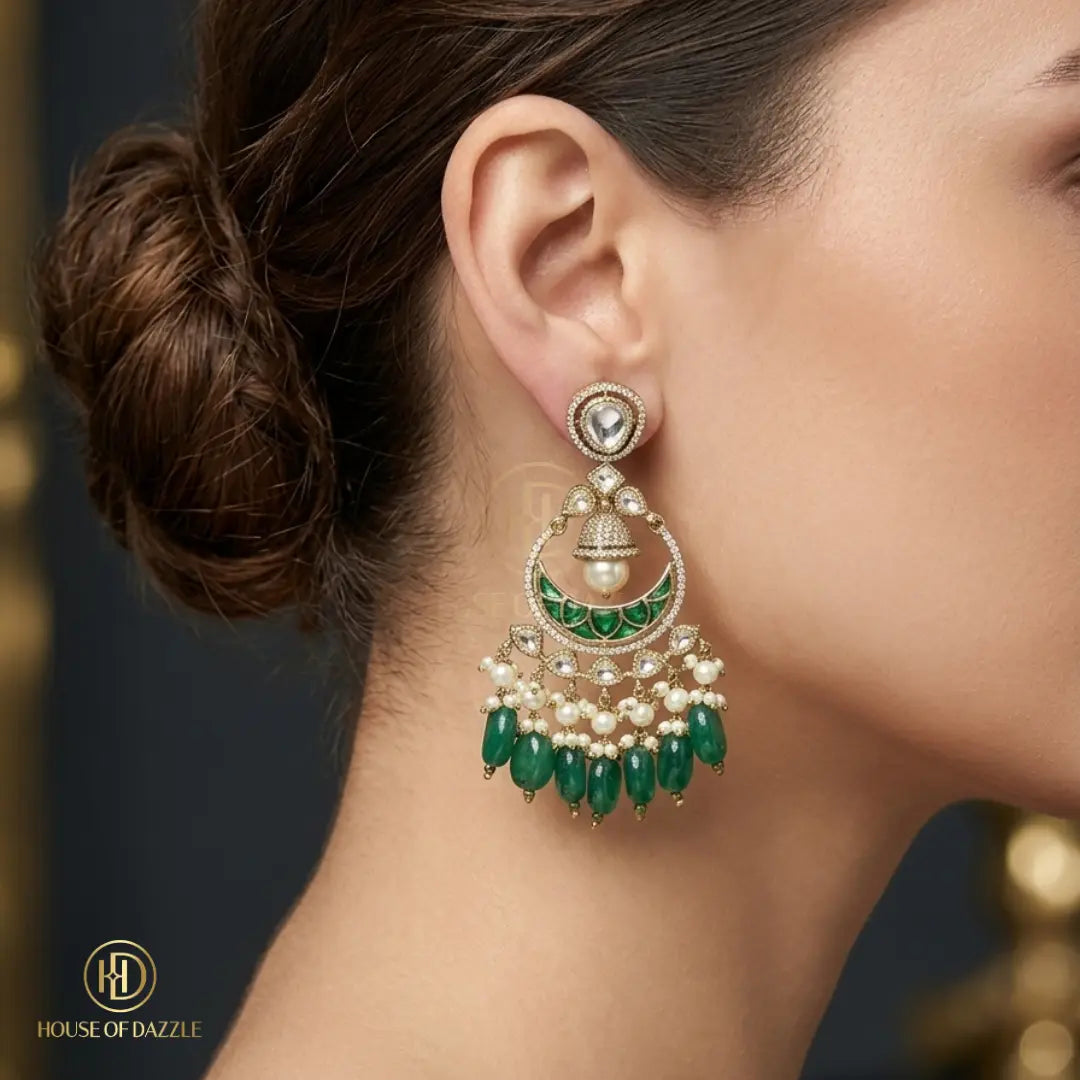 Emerald Pearl Jhumki Chandbali Earrings