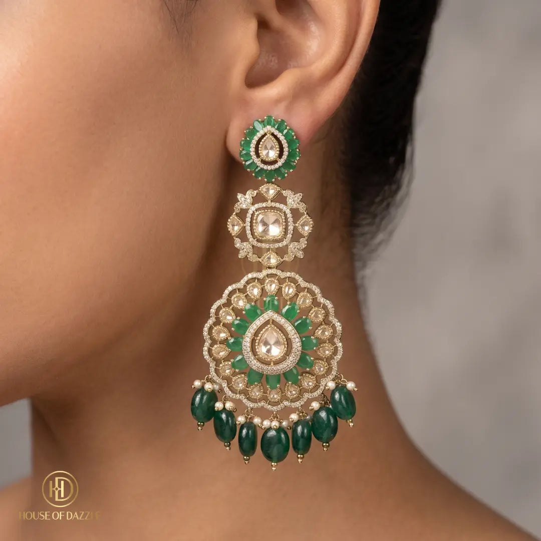 Emerald Elegance Kundan Chandbali Earrings