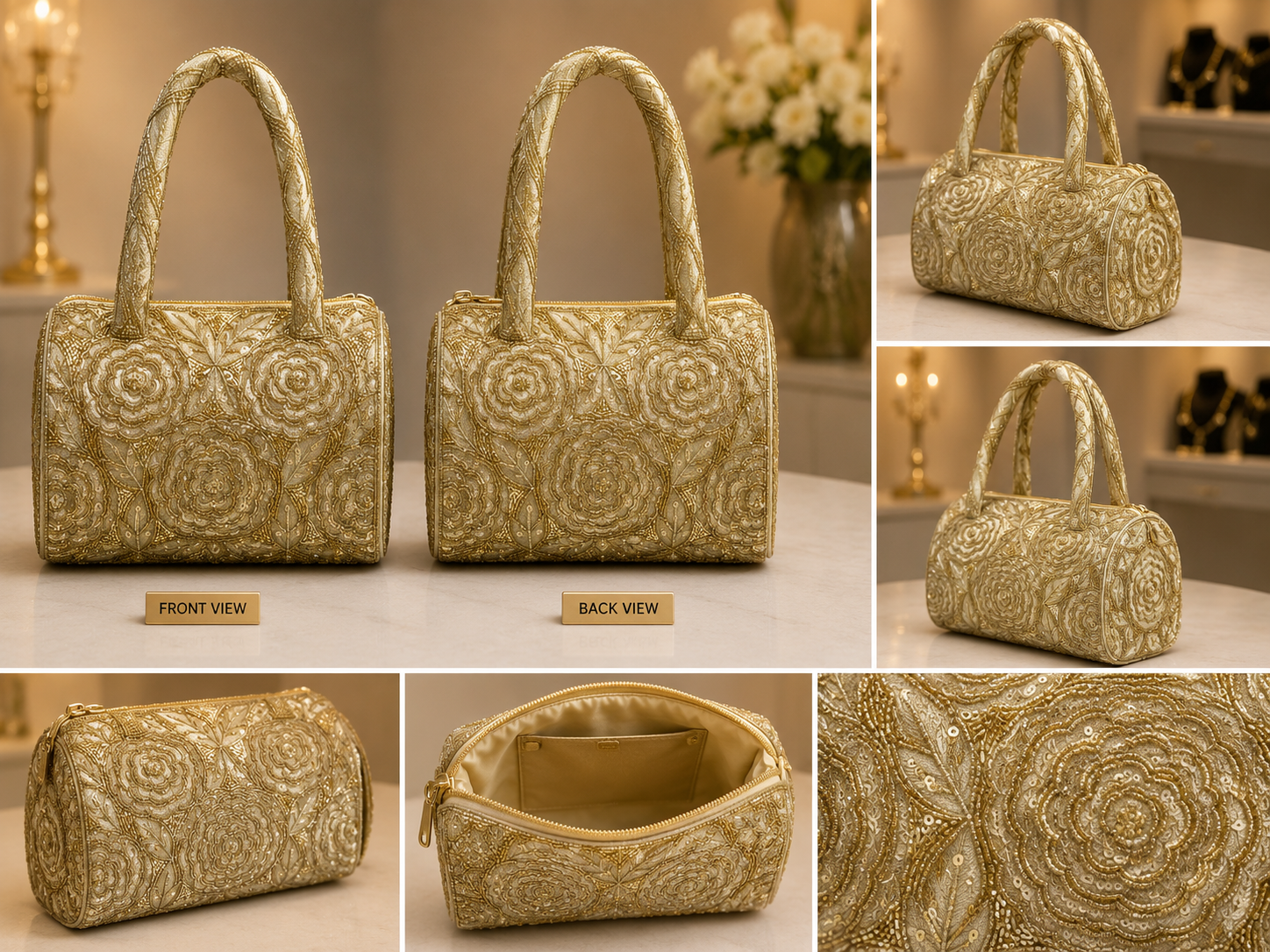 Golden Floral Embroidered Handbag