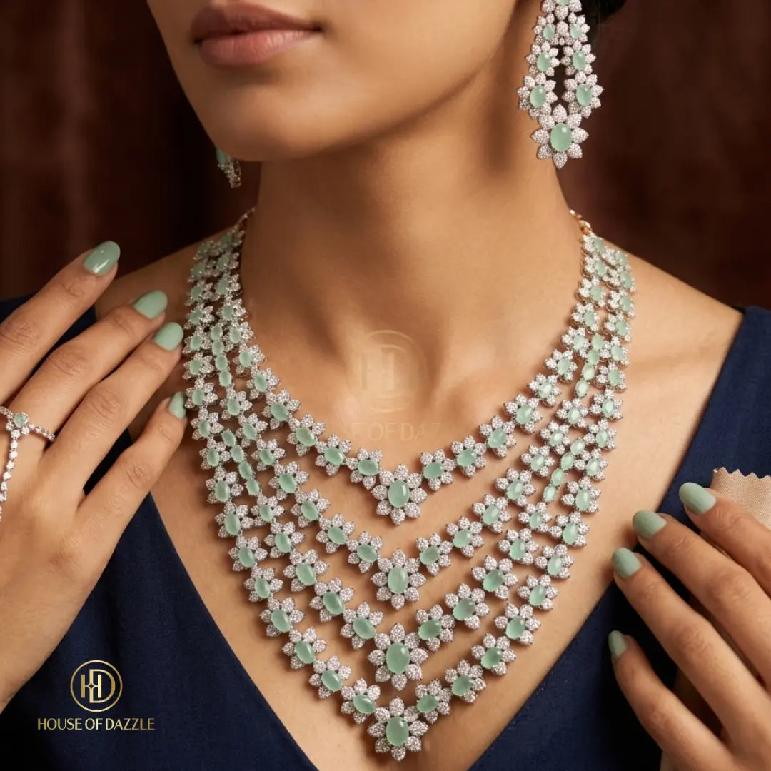 Green Gemstone Diamond Layered Necklace