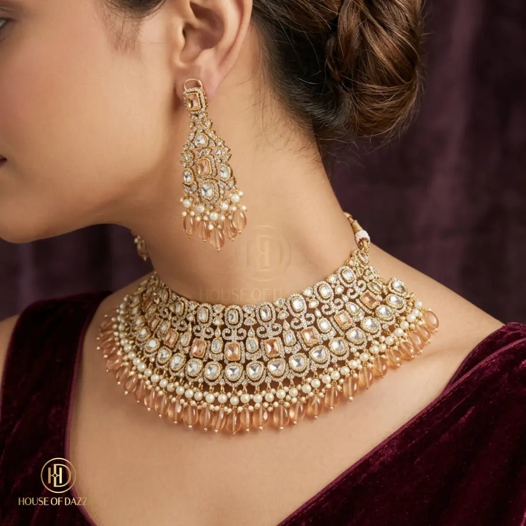 Champagne Kundan Pearl Bridal Choker Set
