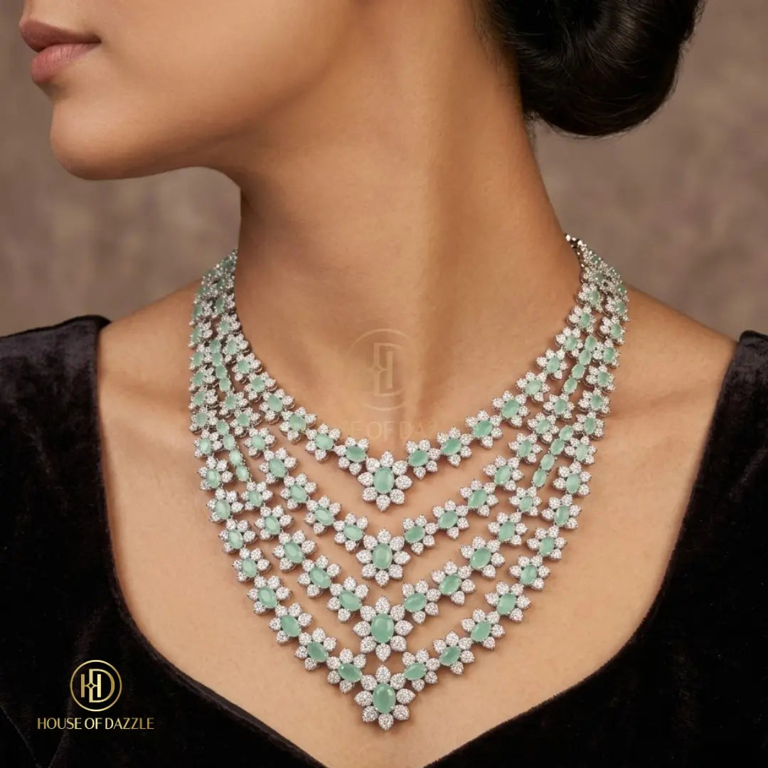 Green Gemstone Diamond Layered Necklace