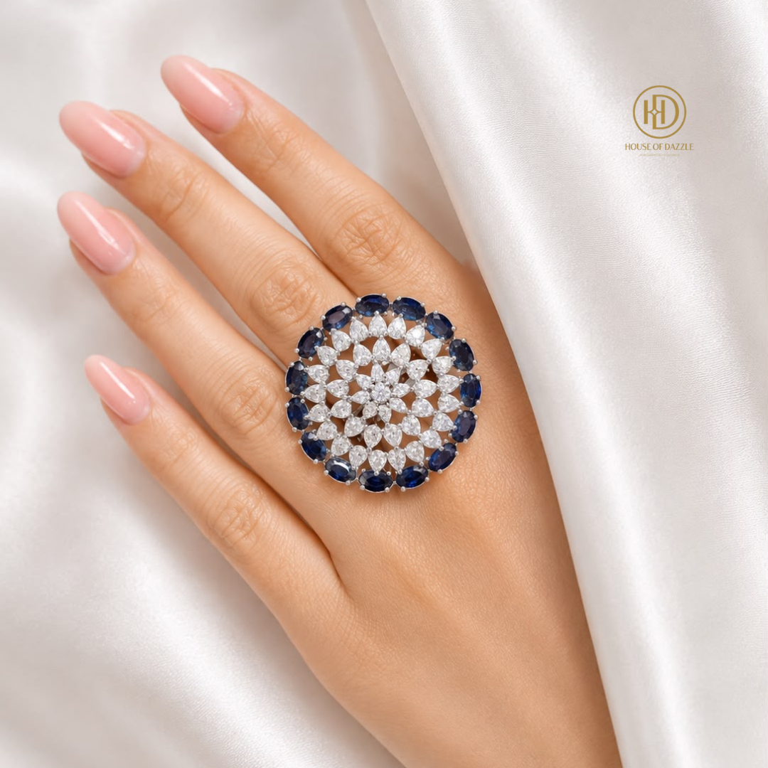 Blue Sapphire Floral Diamond Statement Ring