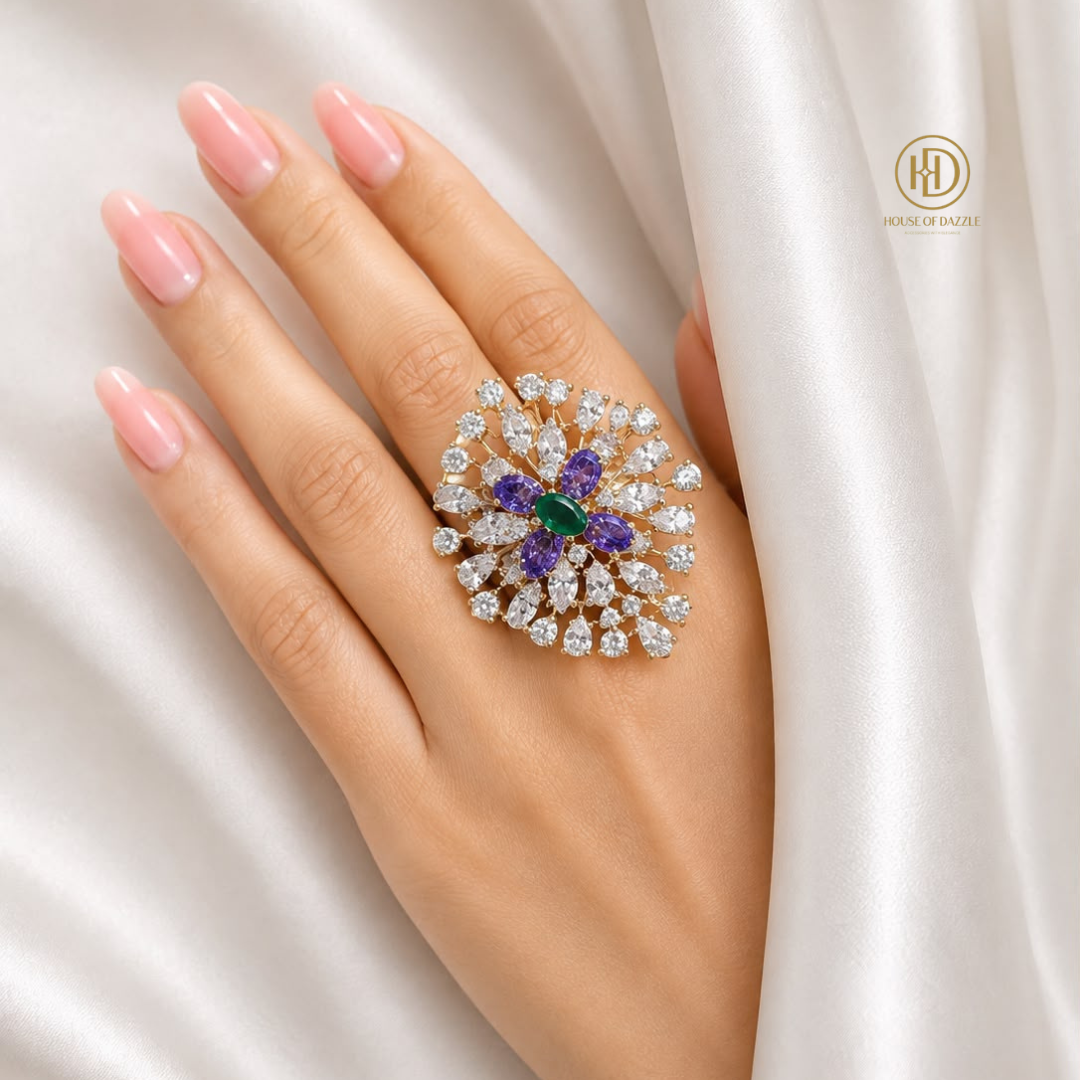 Emerald & Amethyst Floral Statement Ring