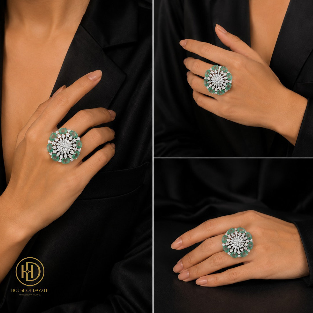 Emerald Floral Diamond Statement Ring