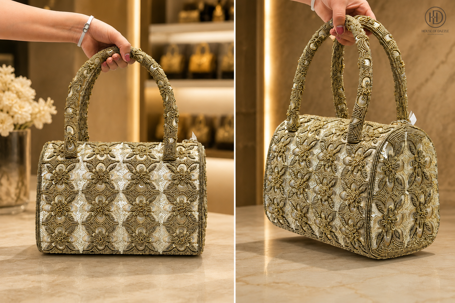 Antique Gold Floral Embellished Bag
