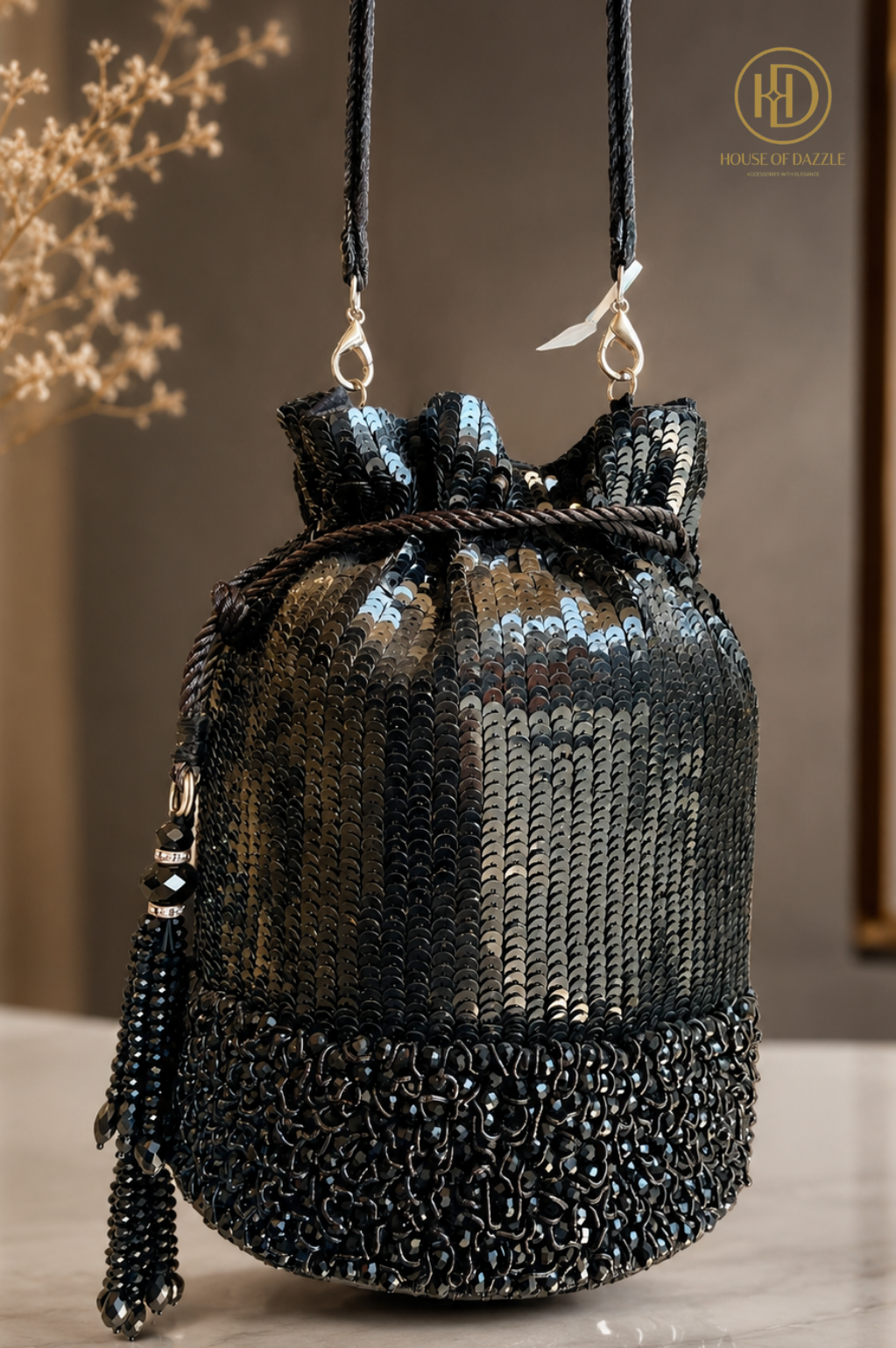 Noir Sequin Drawstring Bag