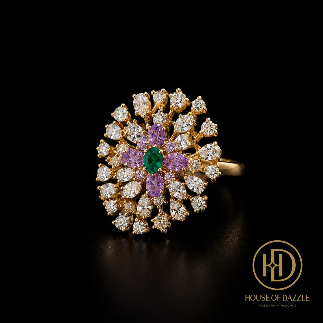 Emerald & Amethyst Floral Statement Ring