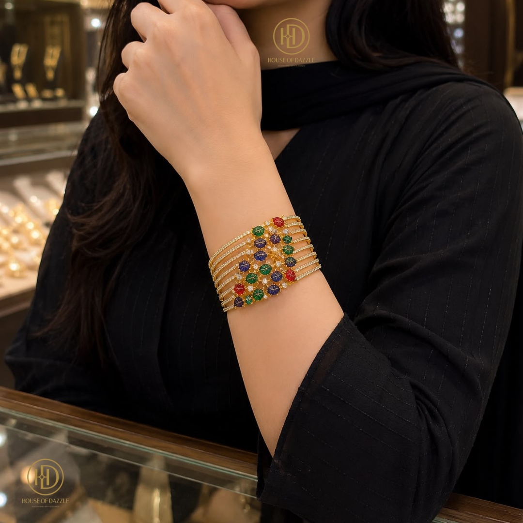 Emerald Ruby Sapphire Leaf Cuff Bracelet
