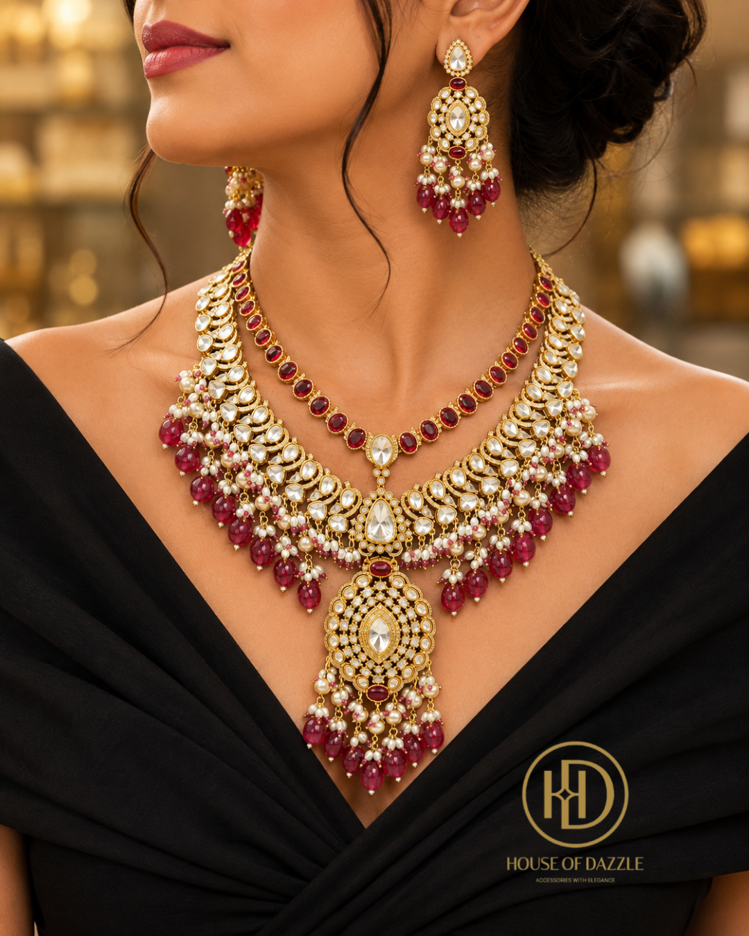 Ruby Kundan Pearl Cascade Necklace Set