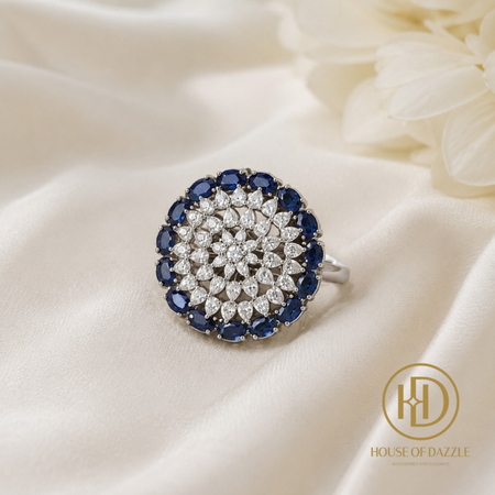 Blue Sapphire Floral Diamond Statement Ring