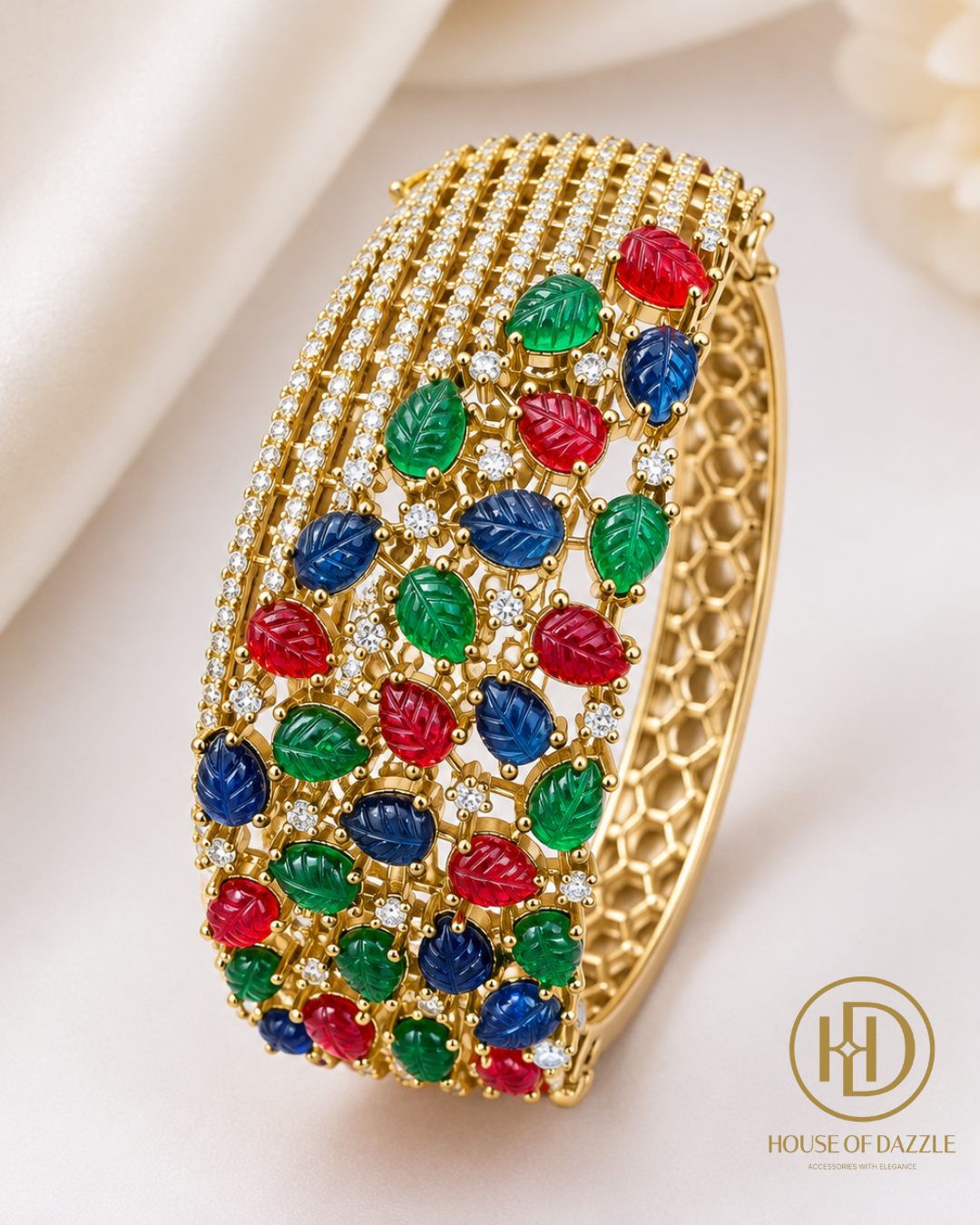 Emerald Ruby Sapphire Leaf Cuff Bracelet