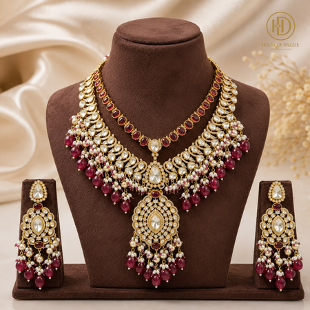 Ruby Kundan Pearl Cascade Necklace Set
