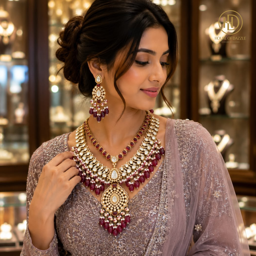 Ruby Kundan Pearl Cascade Necklace Set