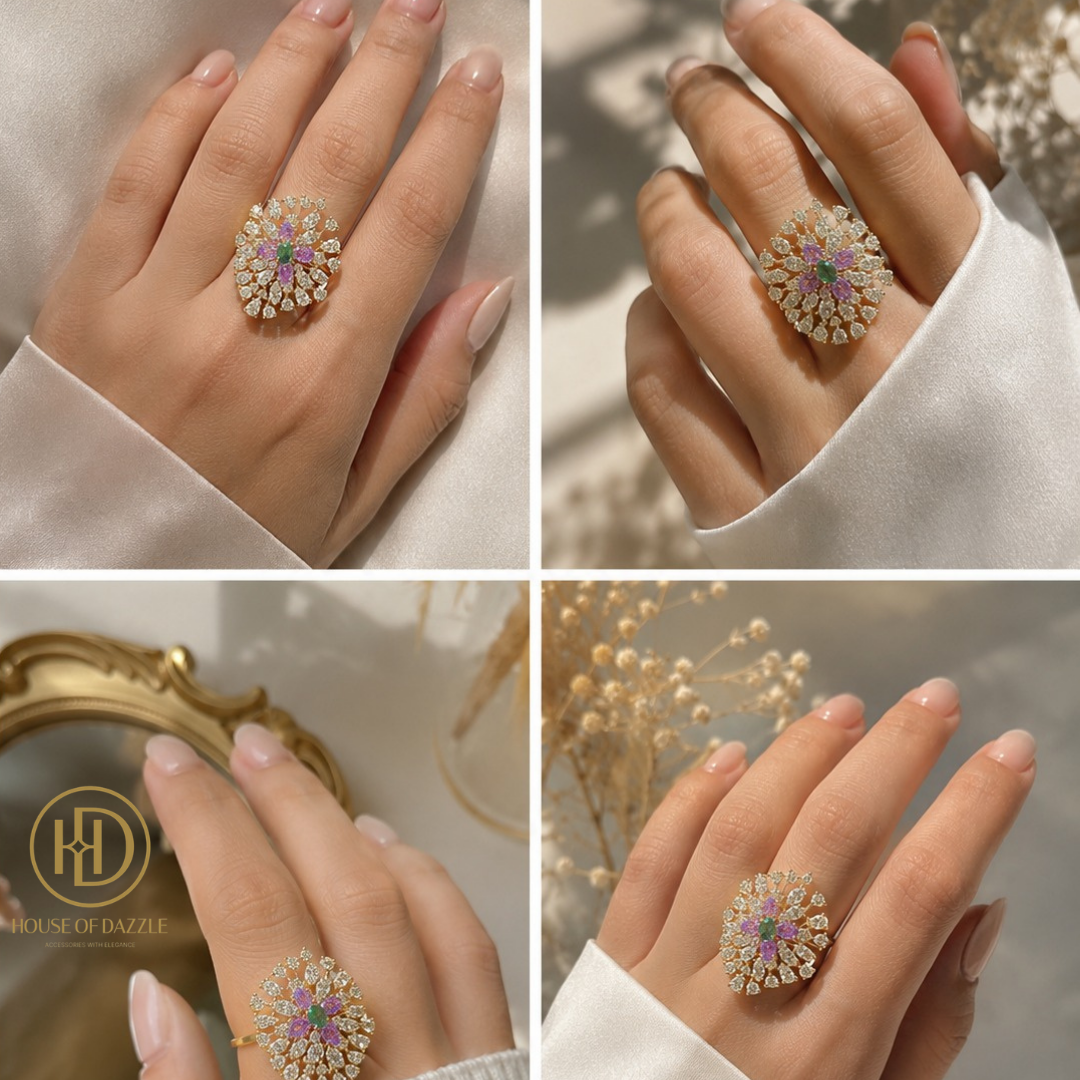 Emerald & Amethyst Floral Statement Ring