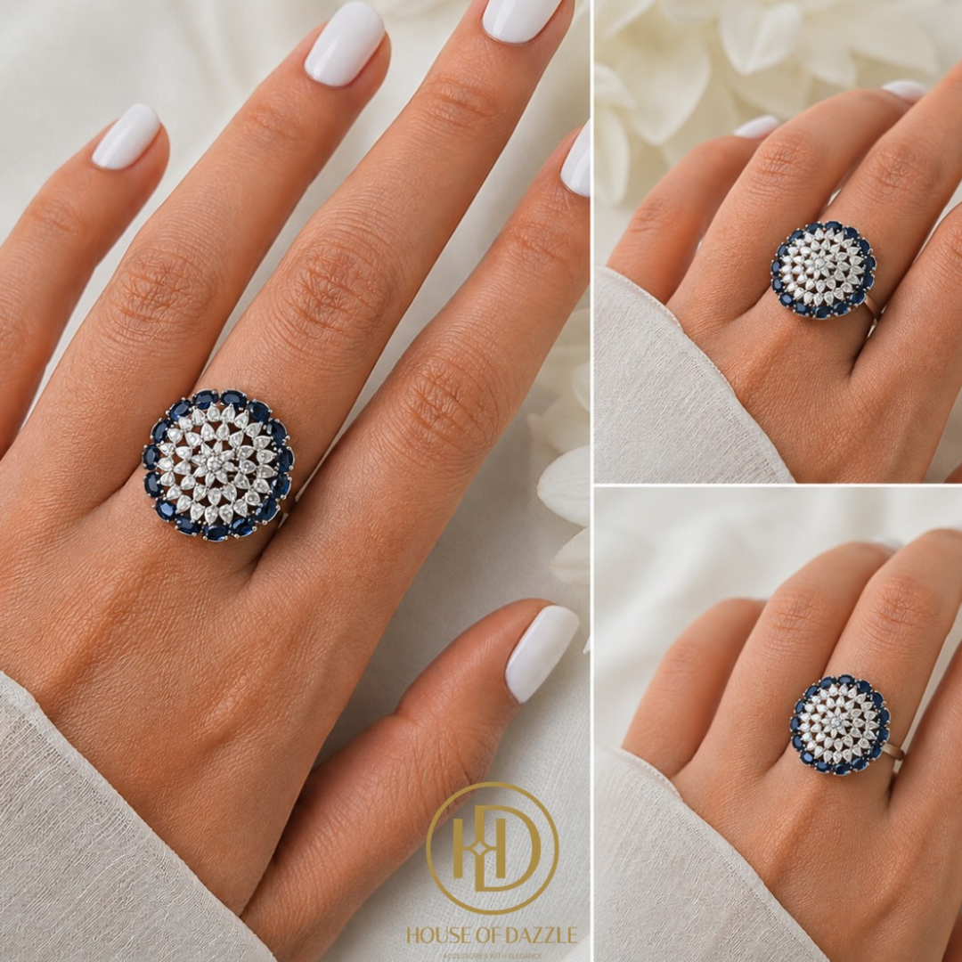 Blue Sapphire Floral Diamond Statement Ring